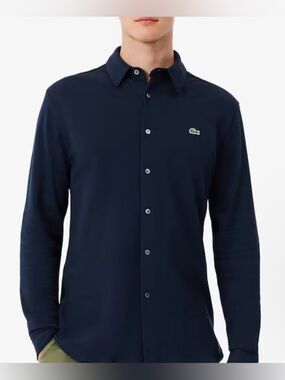 Lacoste Slim Fit Cotton Pique Button Down Shirt Navy Blue Mens Sz. 15 3/4